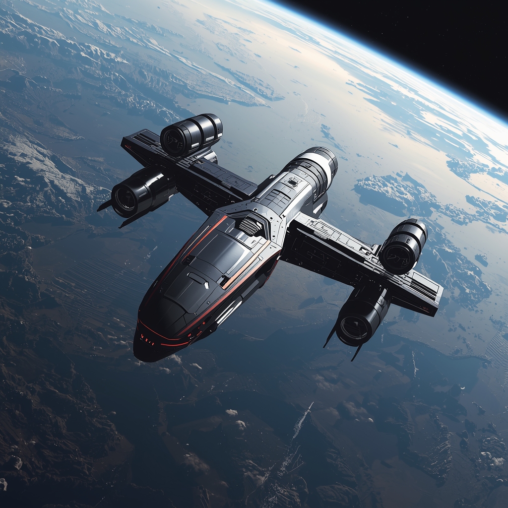 Prompt: A futuristic spacecraft docking at a sleek orbital space station with Earth in the background, realistic style, 4k, no woman